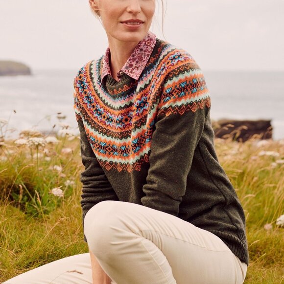 Talbots Size M Gray Multicolor Tweed Fair Isle Knit Long Sleeve Crewneck Sweater - Picture 1 of 13